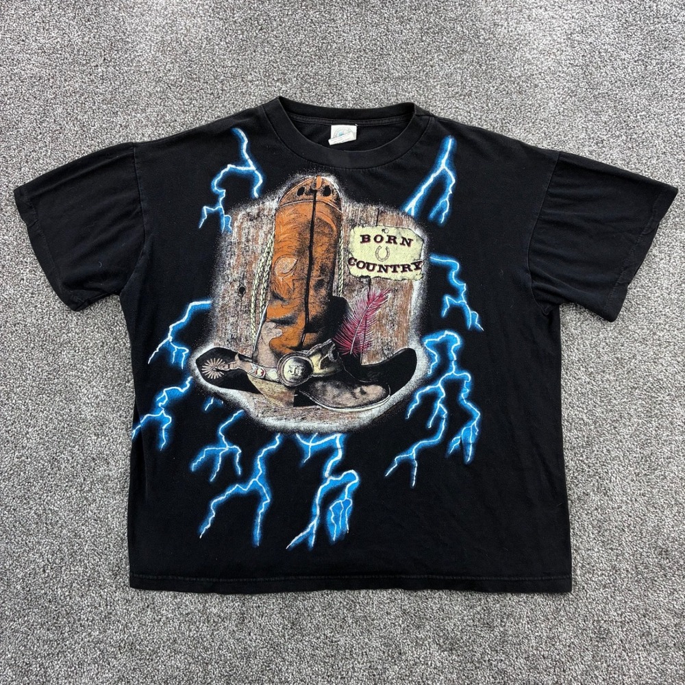 Vintage American Thunder Shirt Mens XL Black Cowboy Boots Born Country Lightning